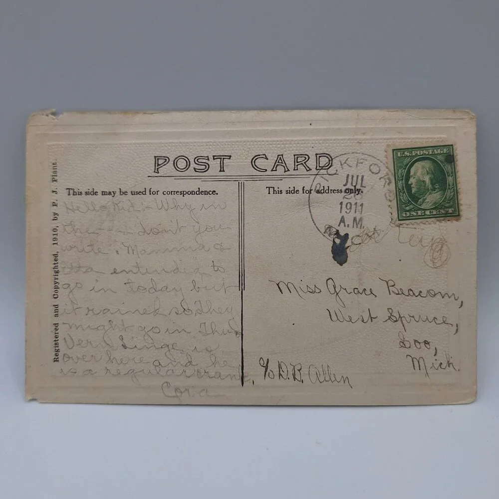 P J Plant 1910 Postcard Just Landed Rowboat Romance Antique Collectible Soo Mich